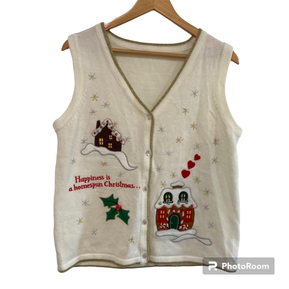 Vintage Christmas Homespun Sweater Vest Embroidered Button Front Womens L White