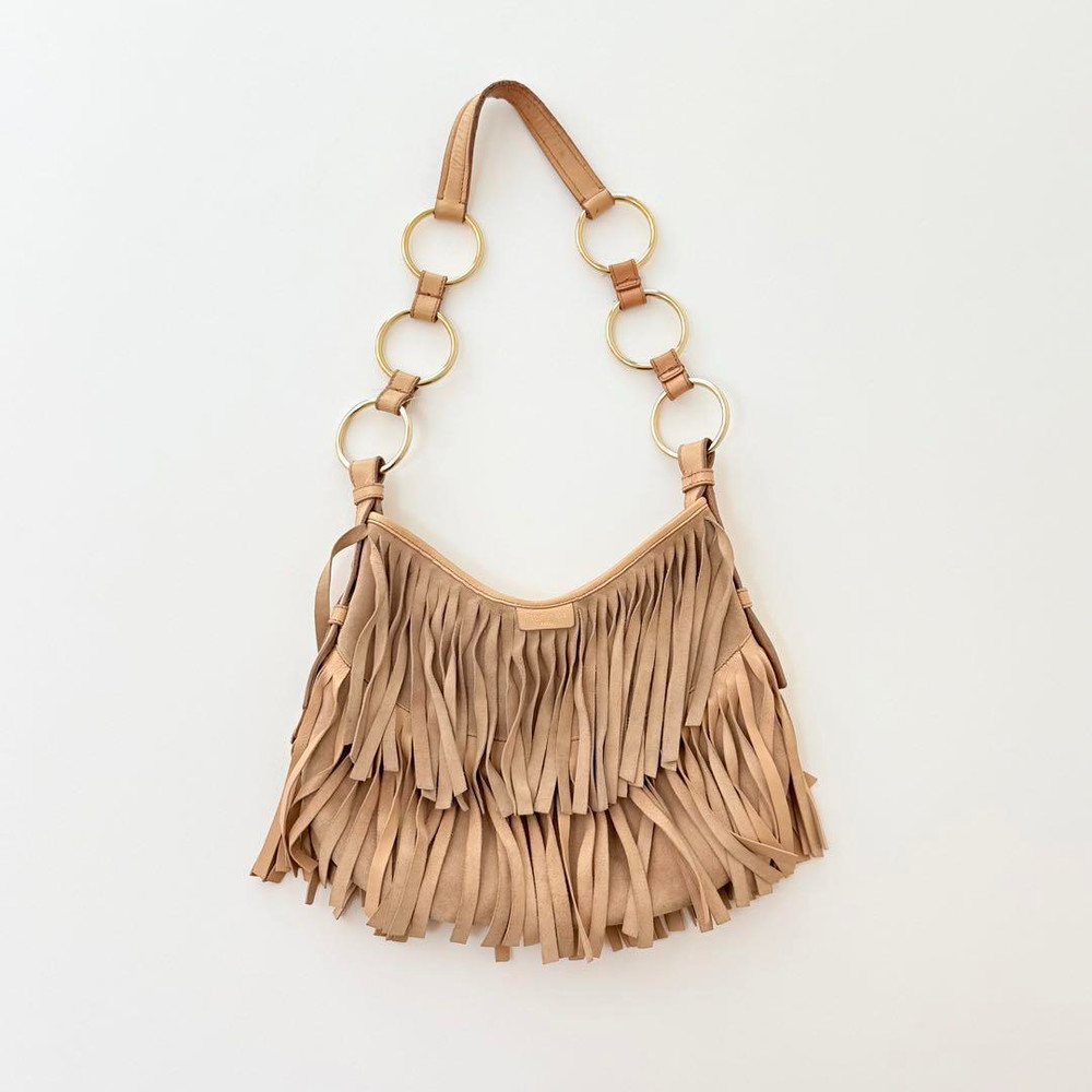 Yves Saint Laurent Rive Gauche Suede Fringe Shoulder Bag Beige Y2K Vintage JP