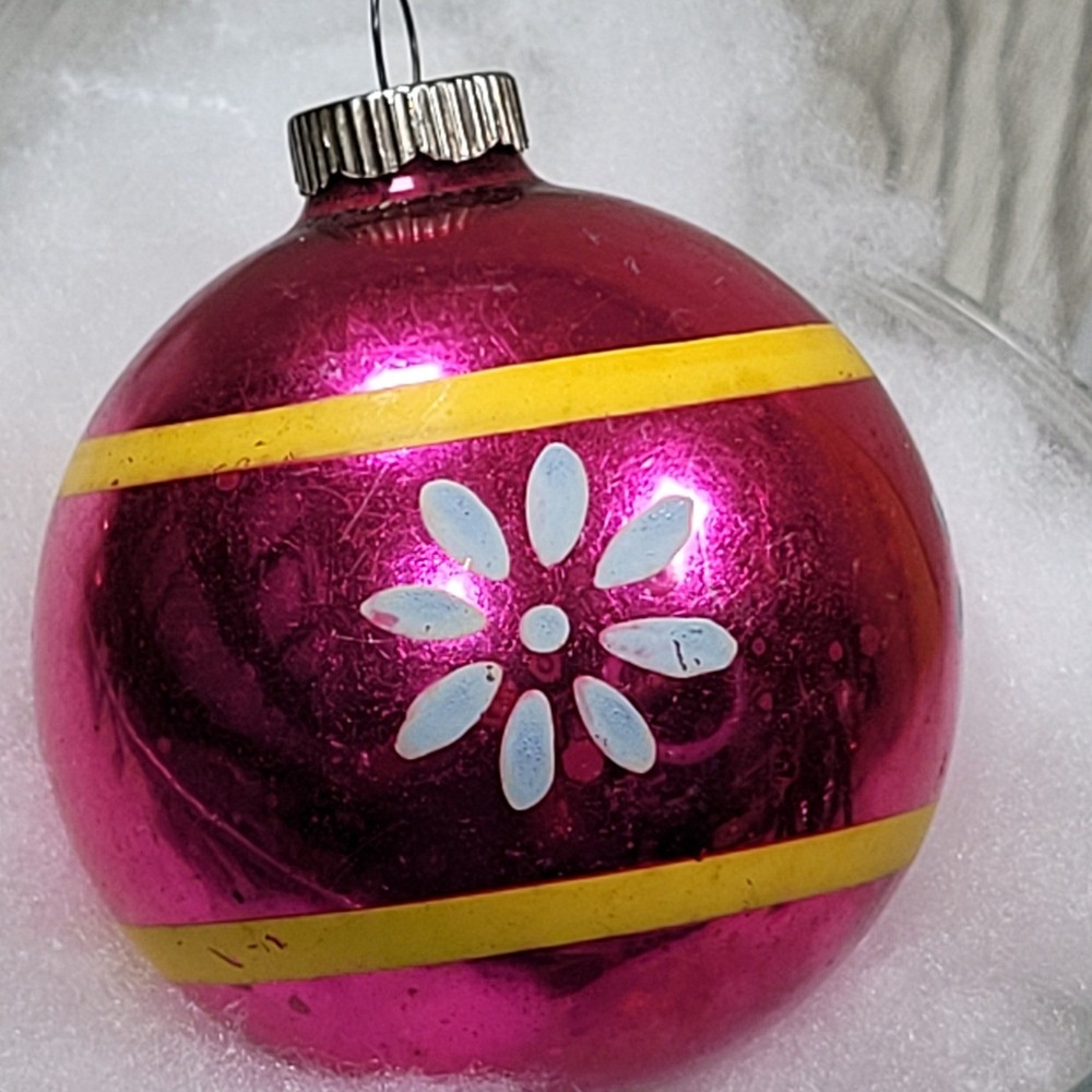 Shiny Brite Hot Pink Christmas Ornament Flower Yellow Stripe Hand Painted Glass