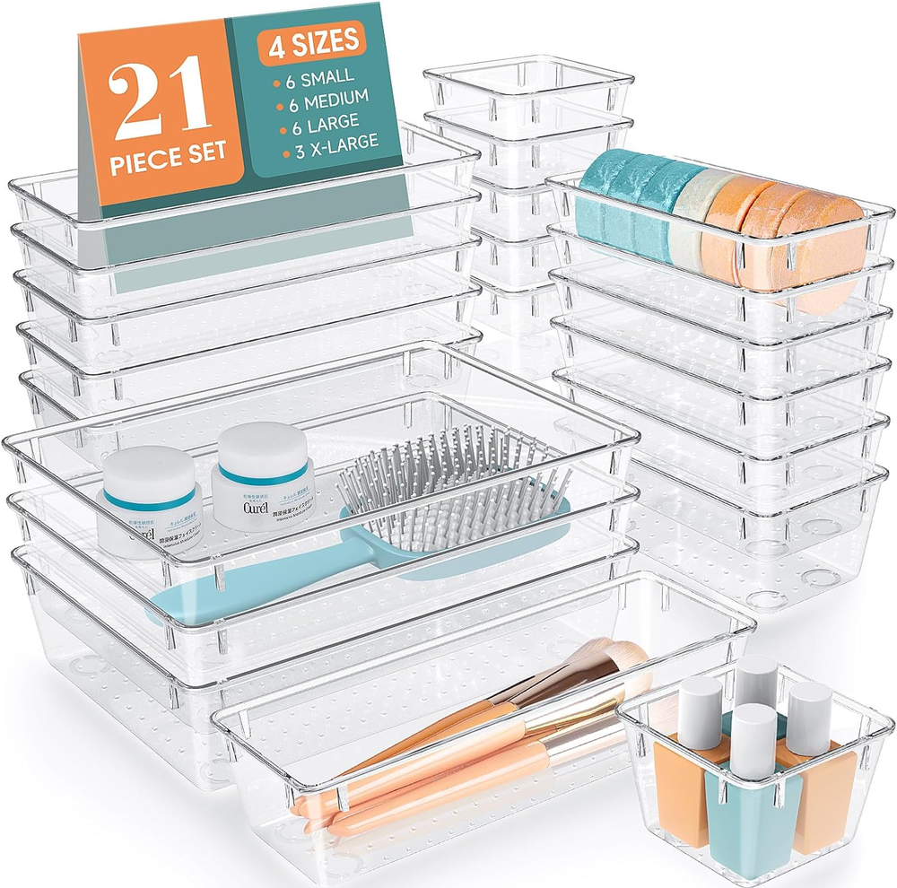 21 PCS Clear Plastic Drawer Organizer Set, 4 Sizes Desk Drawer Divider Organizer