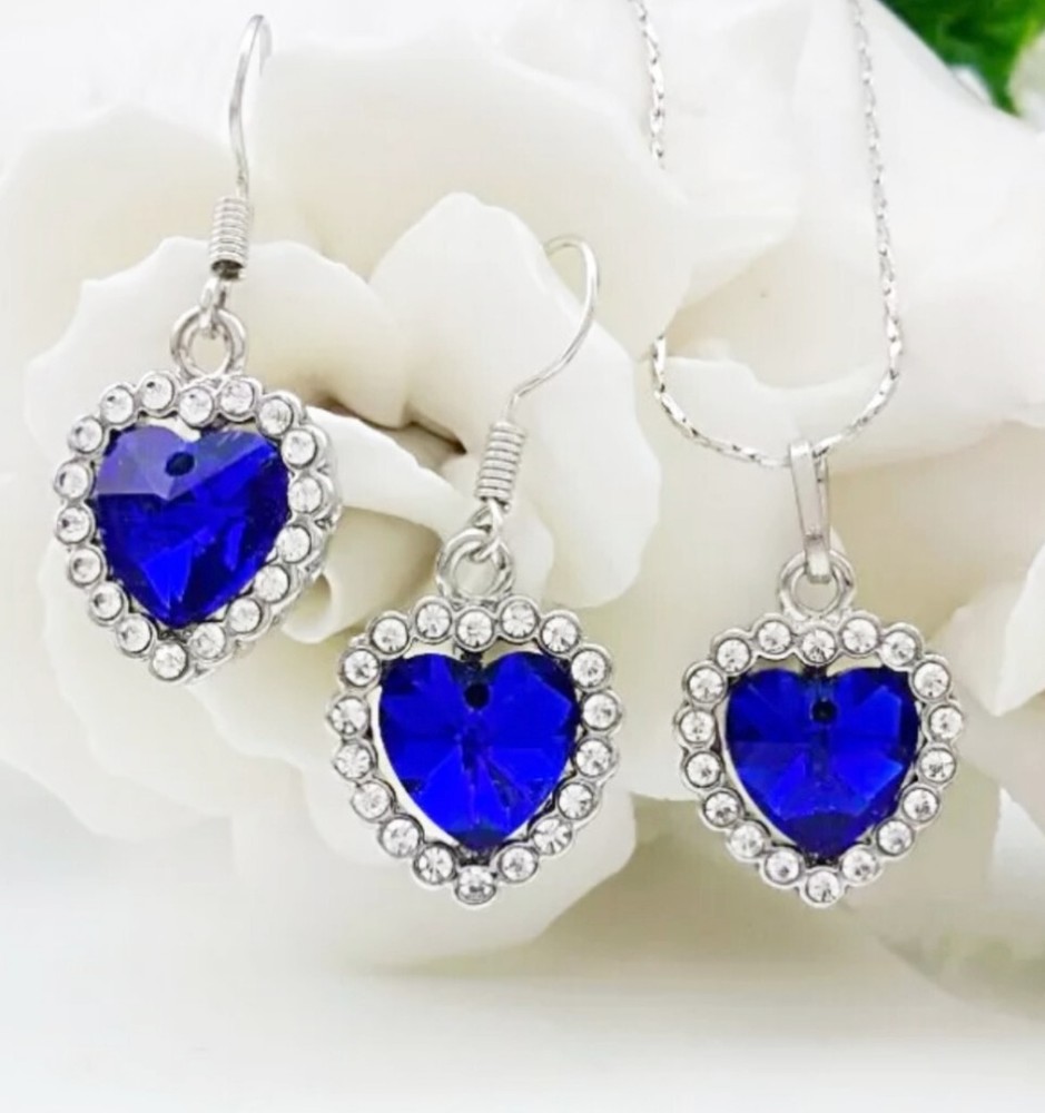 VALENTINES DAY GIFT FOR HER~HEART OF THE OCEAN BLUE CRYSTAL NECKLACE & EARRINGS-image