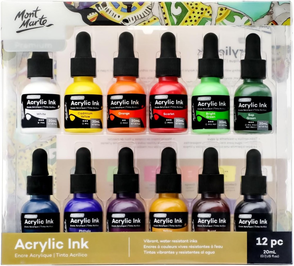 Mont Marte Premium 12-Piece Acrylic Ink Set 20ml 0.7 fl oz