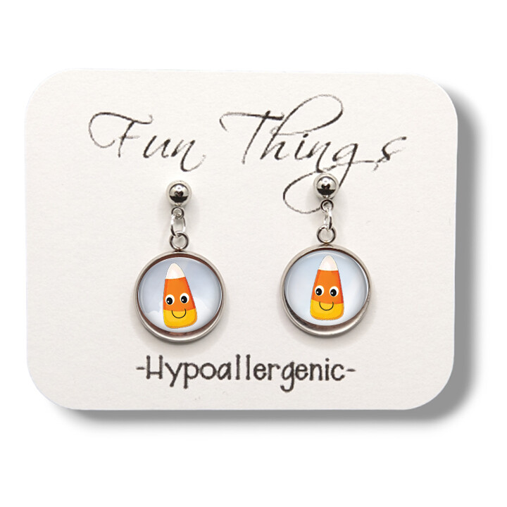 Halloween Smiling Candy Corn Dangle Stud Earrings Hypoallergenic Posts Glass Top