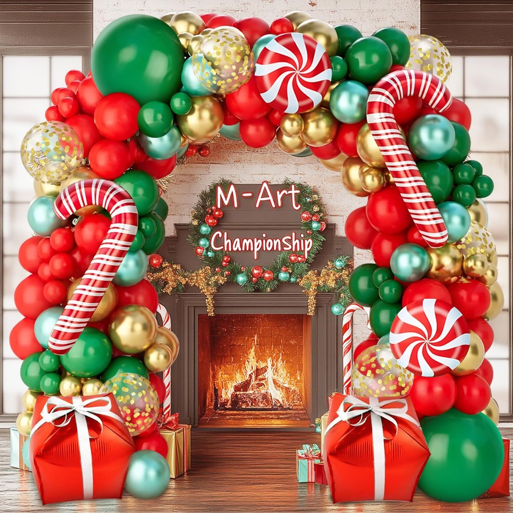 Christmas Balloons Garland Arch Kit, Dark Green Red Metallic Green Gold Confe...