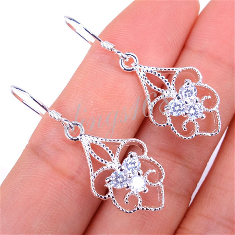 Designer Inspired 925 Sterling Silver Open Flower Crystal Dangle Earrings G871