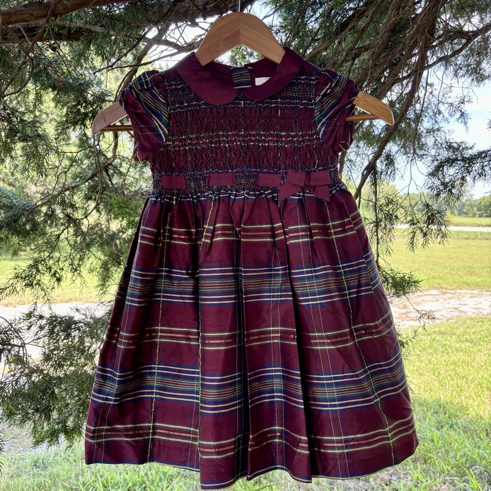 Vintage Janie and Jack silk toddler dress 3T burgundy & gold plaid pattern