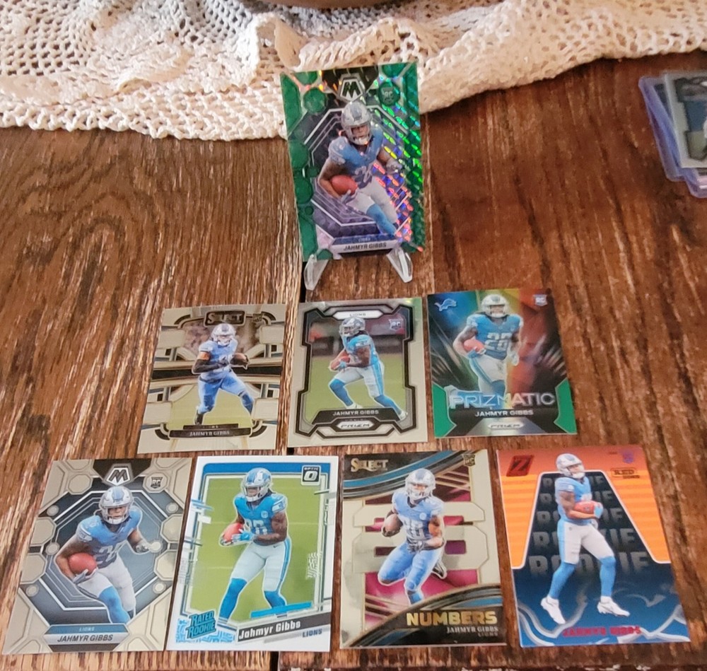 Jahmyr Gibbs 8 Football Rookie Card Lot; Prizm, Mosaic, Donruss, Select Nrmint
