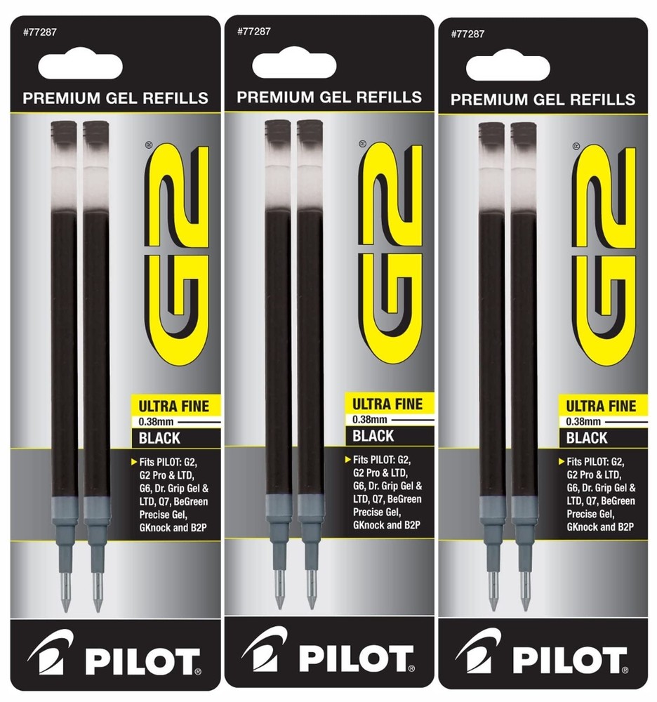 Pilot G2 Gel Ink Pen Refills, Ultra Fine Point, 0.38mm, Black Ink, 6 Refills