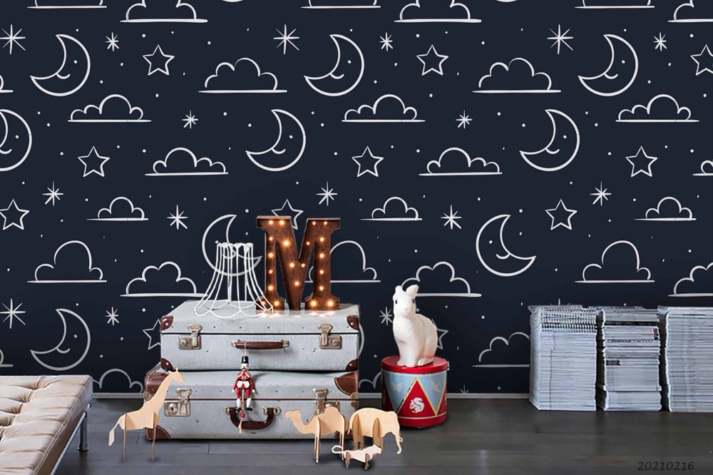 3D Space Moon Clouds Stars Pattern Wall Murals Wallpaper Murals Wall Sticker