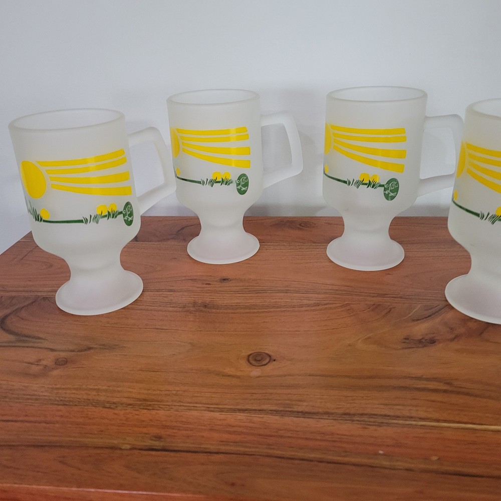 Retro 70s White Tiara Pedestal Cups with Yellow Sunrays and Green Grass Set of 4