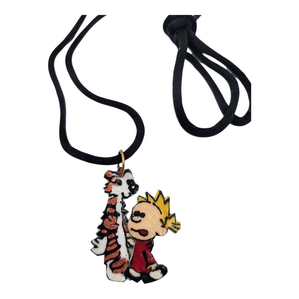 VTG 90s Calvin and Hobbes Composite Pendant Artisan Charm Necklace Jewelry