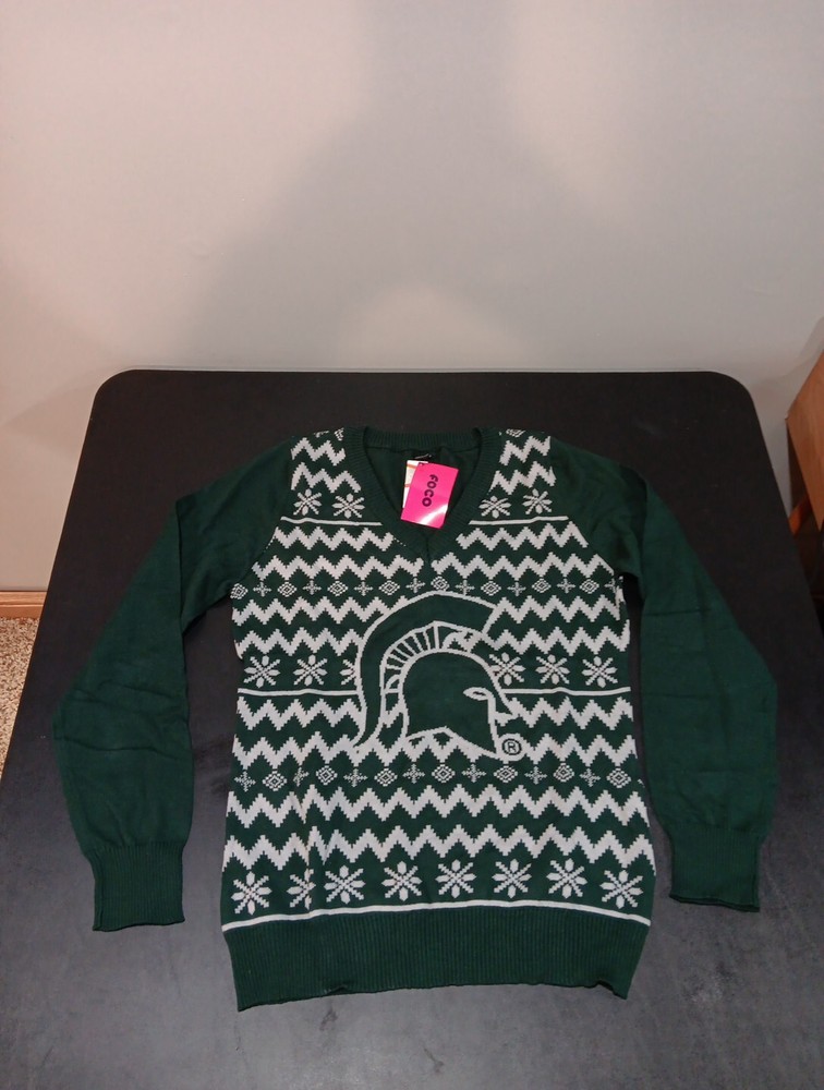 NCAA Michigan State Ugly Holiday V-Neck Sweater Large Green Team Logo  