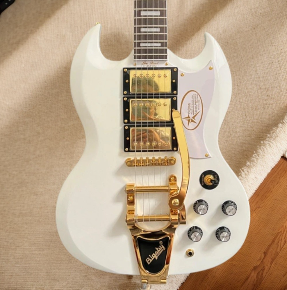 SG Electric Guitar White Color Mahogany Body Bigsby Tremolo System