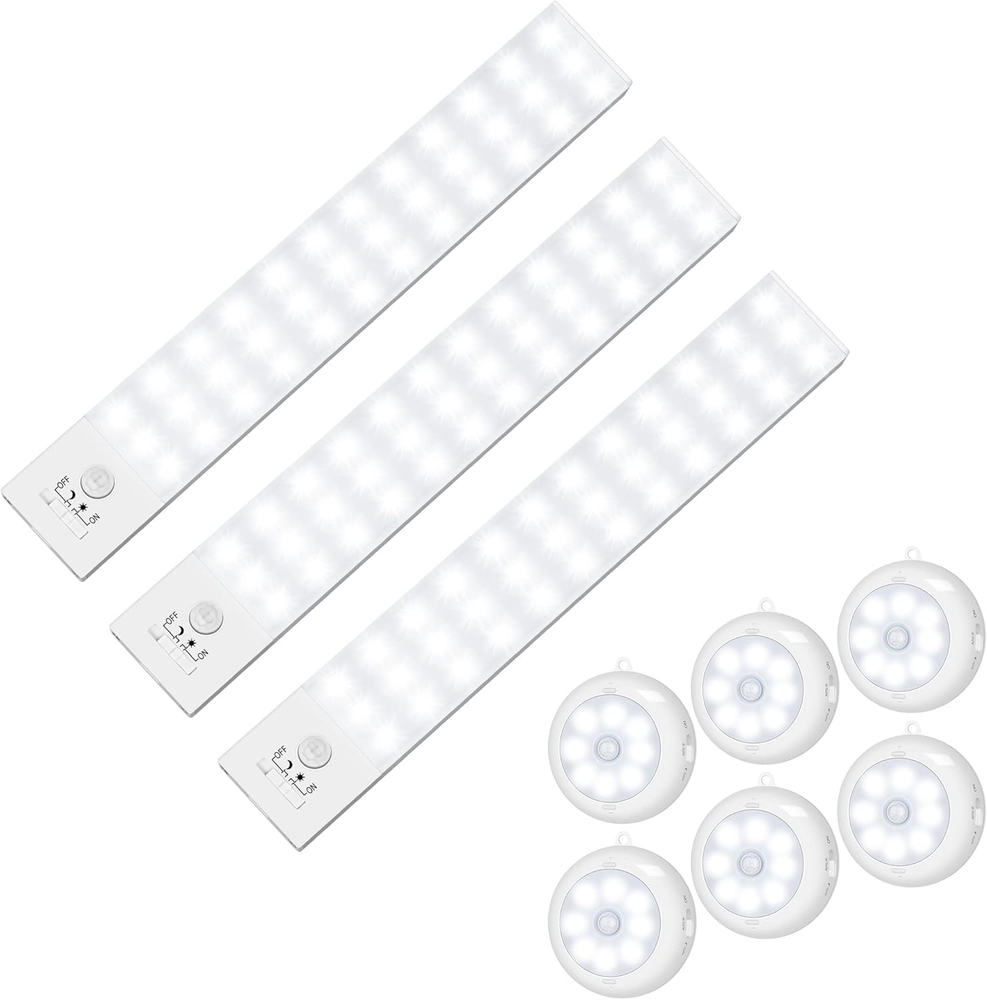 6 Pack Motion Sensor Light Indoor + 3 Pack 36 LED Closet Lights Battery Powered