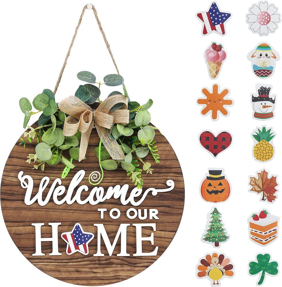 Rustic Wood Welcome Sign with Interchangeable Seasonal Wreaths for Every Holiday  -image