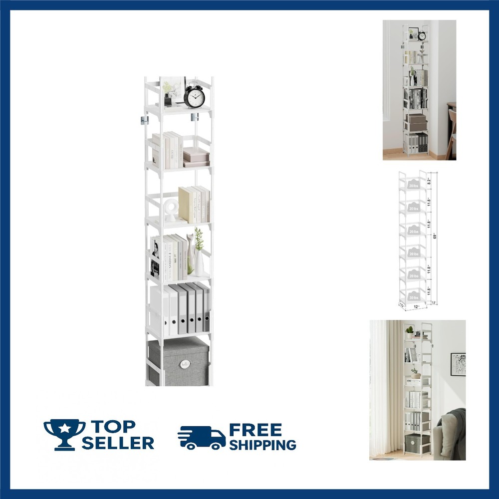 6 Tiers Tall Narrow Bookshelf Book Shelf Skinny White Bookcase Thin Slim Book...