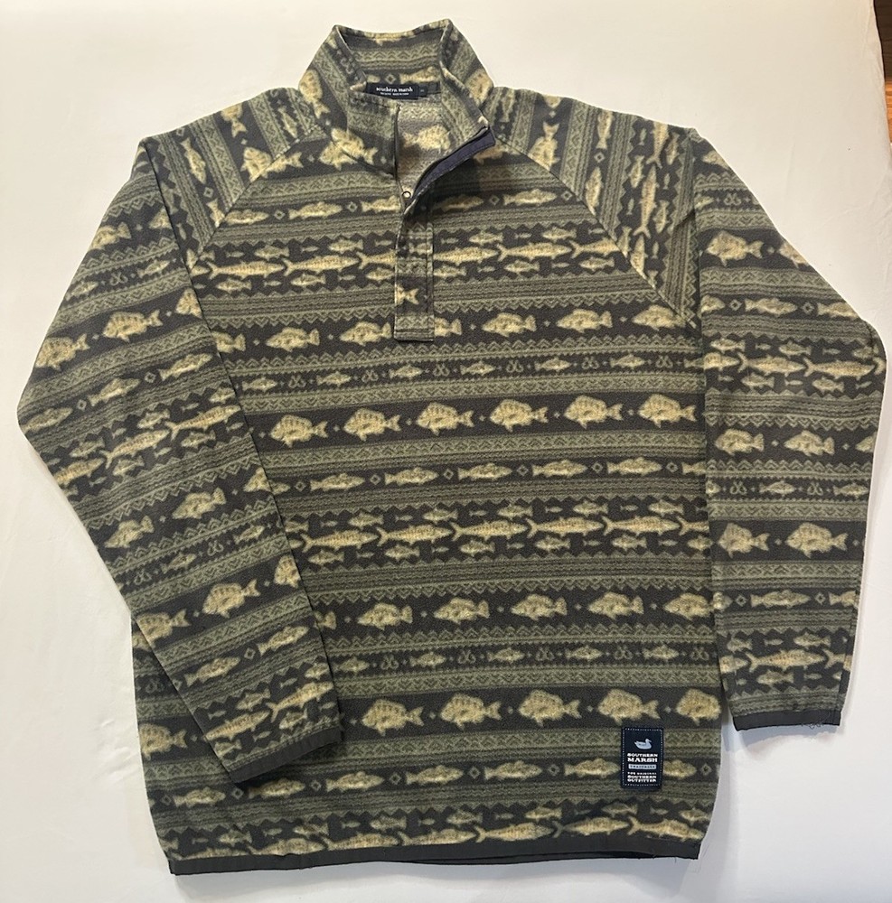 Southern Marsh Men’s Quarter Zip Pullover Green Fish Outdoor Print Size M