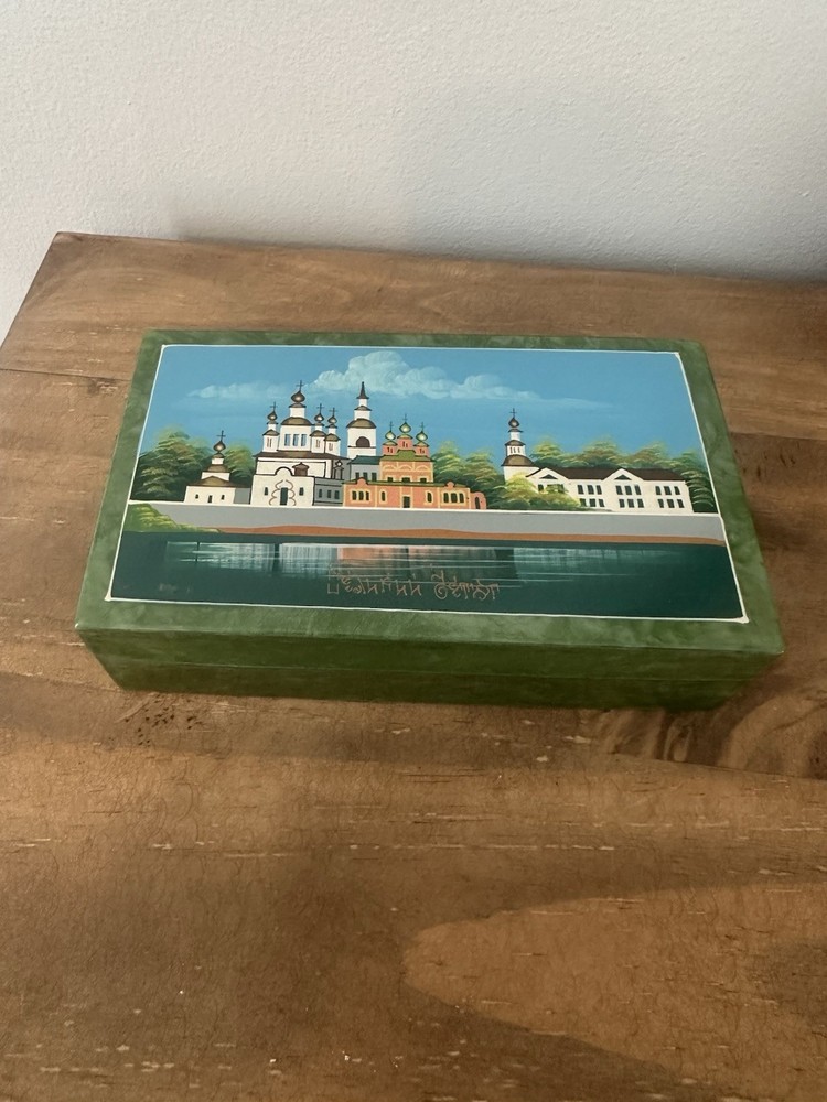 Vintage Handcrafted Wooden Green Jewelry Box 6.25 Inch Indian Artisan